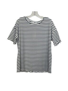 Ekouaer Striped Short Sleeve Shirt Ruffle Hem Small Black White Summer Casual